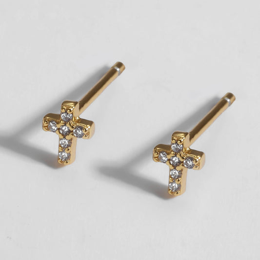 Tiny Cross Stud Earrings with Cubic Zirconia